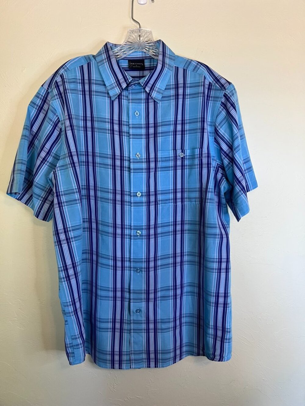 Men’s R&R Casual short sleeve button‑down shirt in a blue and purple plaid